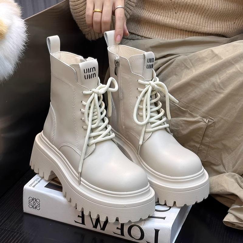 

Мода 2024 года, новые женские ботильоны на шнуровке, ботинки на платформе и толстом каблуке для женщин, повседневные ботинки в британском стиле с толстой подошвой, увеличивающие рост 39 бежевый