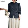 ZANZEA Blouse décontractée pour femme à col montant, ample, manches 3/4, en coton