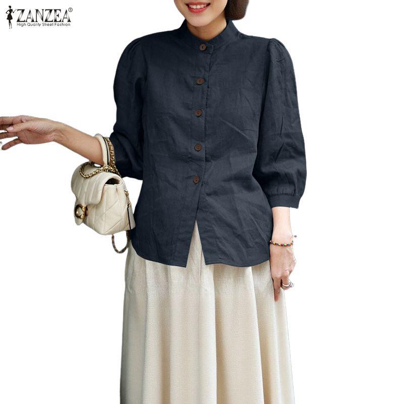 ZANZEA Blouse décontractée pour femme à col montant, ample, manches 3/4, en coton