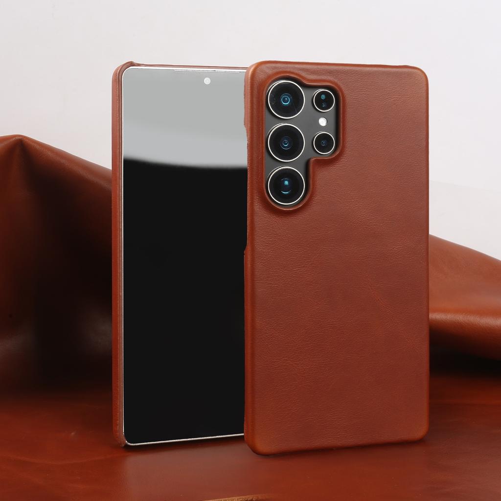 Real Cowhide Leather Phone Case For Samsung Galaxy S24 Ultra S23 Plus S22 S2+ Full Grain Edges Protective Hard Back Cover Coque