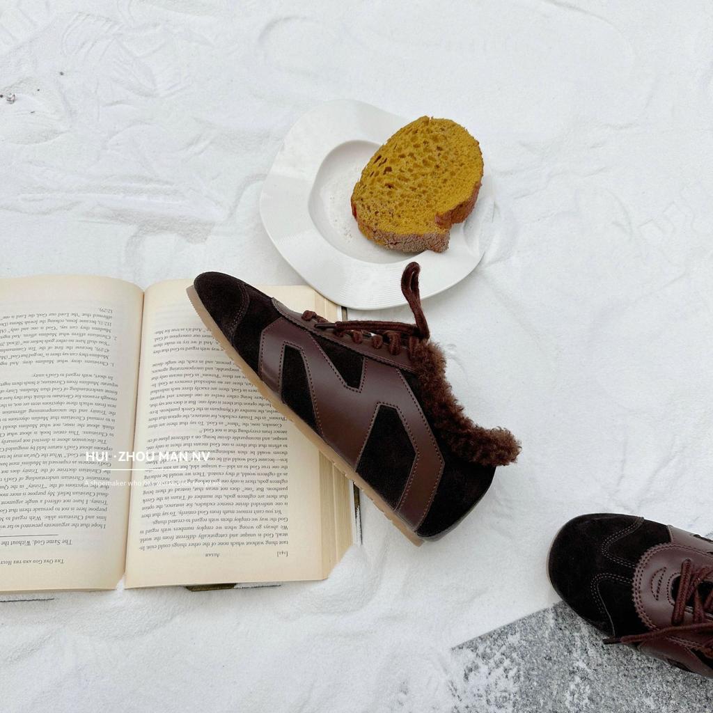 Cowhide Version~ Genuine Leather Retro Versatile Splicing German Training Shoes Women's Velvet Warm Casual Sports Shoes Heightening Forrest Gump Shoes