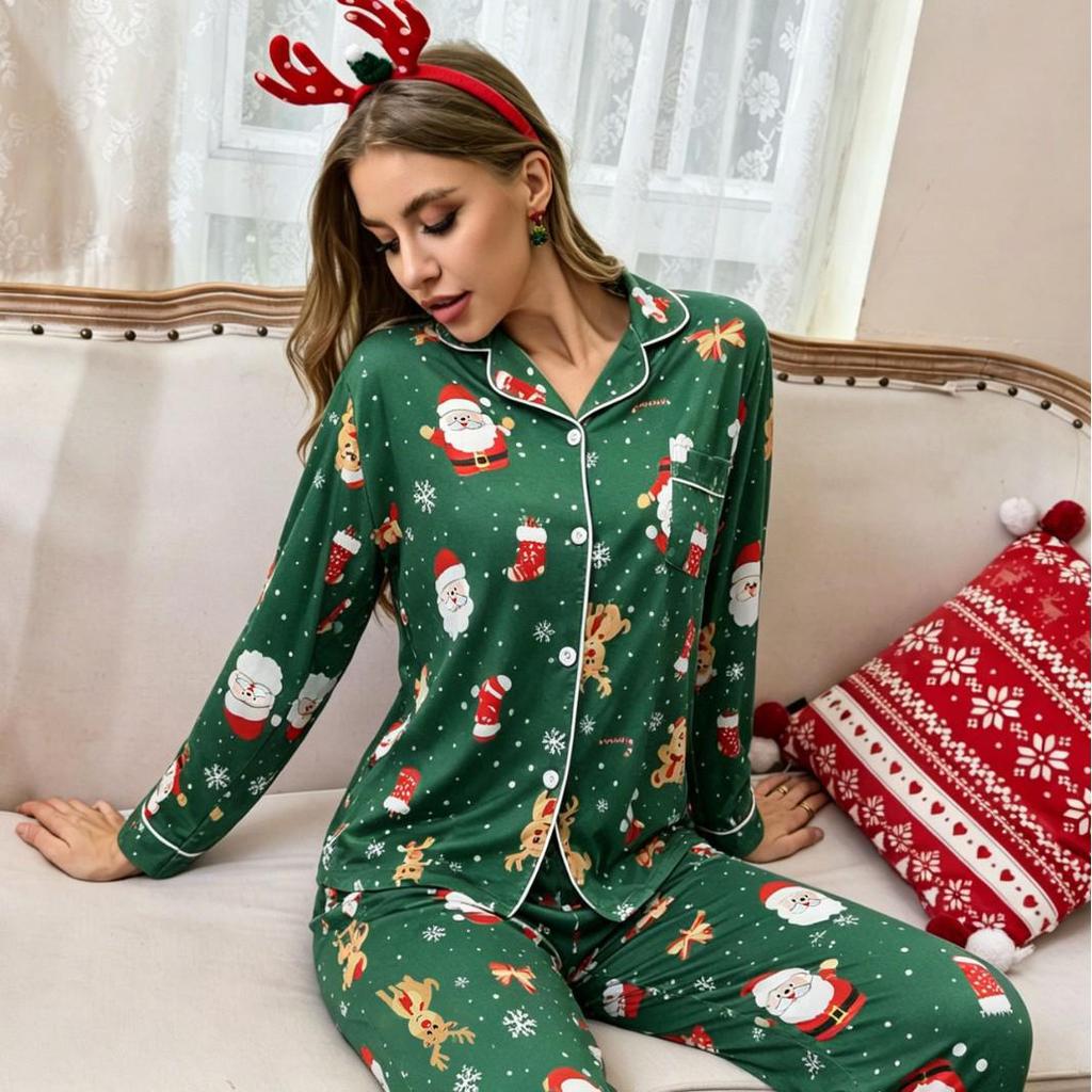 European & American Women's Christmas Lapel Pajama Set - Casual Style, Long Sleeve & Pants