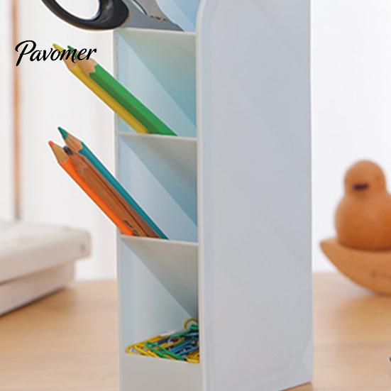 Study Table Accessories Slanted Pen Holder with 5 Compartments, Plastic Stationery Storage Organizer, Multi Compartment Organizer Macaron Colors Space