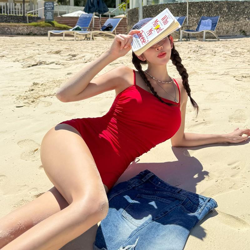 Solid Color One Piece Swimsuit Women Slimming Halter Neck Swimwear Resort Vacation