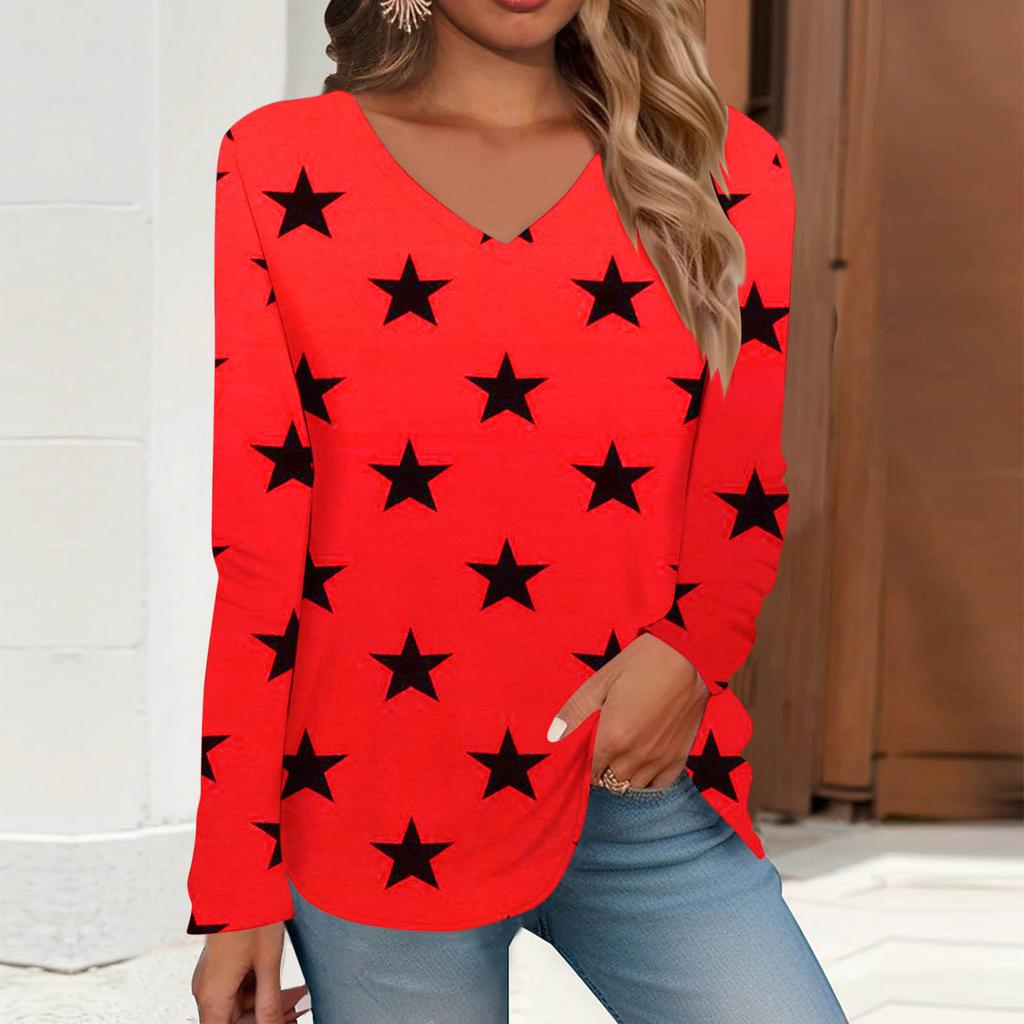 V-neck 3D Printed Star Pattern Top Fashionable Casual Long Sleeved Women's T-shirts