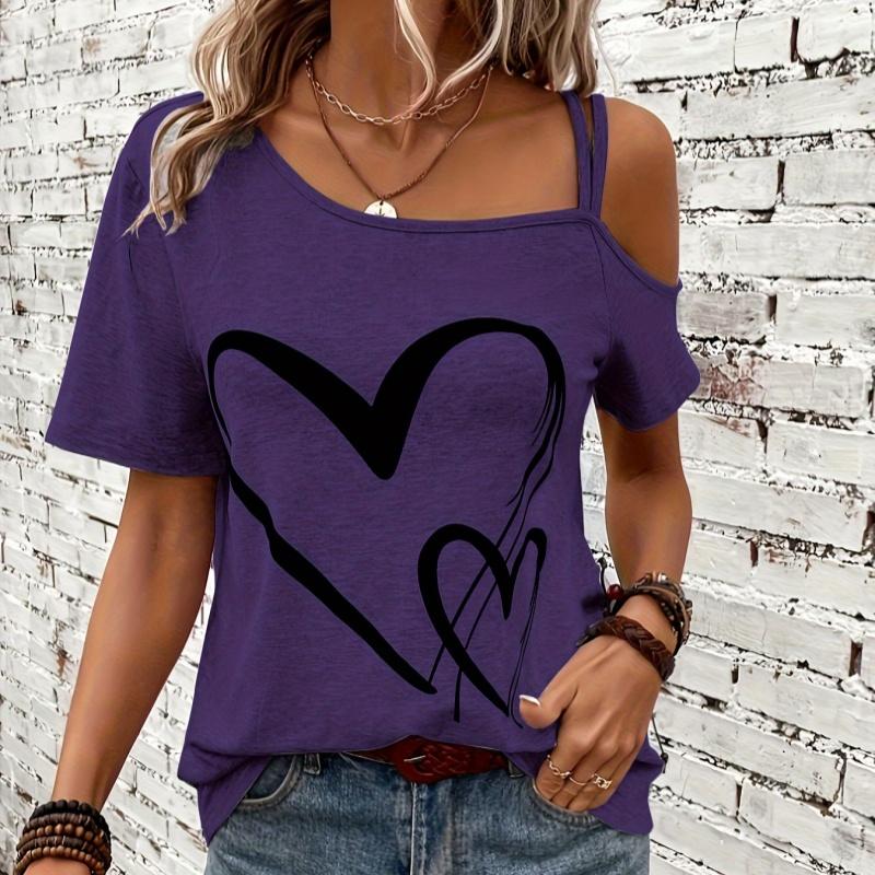 Heart Print Off the Shoulder Short Sleeve Asymmetrical T-shirt Casual Sexy Top with Slight Stretch Micro Elasticity Random Printing Machine Washable