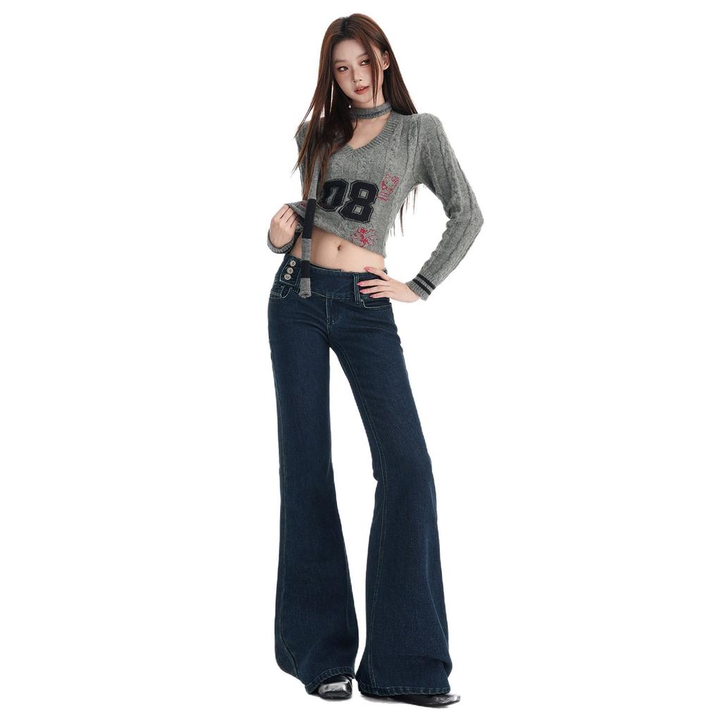 American retro design waist slightly pulled jeans women's autumn and winter new legs high waist flared pants women