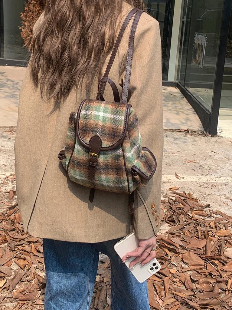 Vintage Woolen Plaid Backpack for Women Retro College Girls Mini Knapsack Portable Double Shoulder Bags Female Travel Handbags