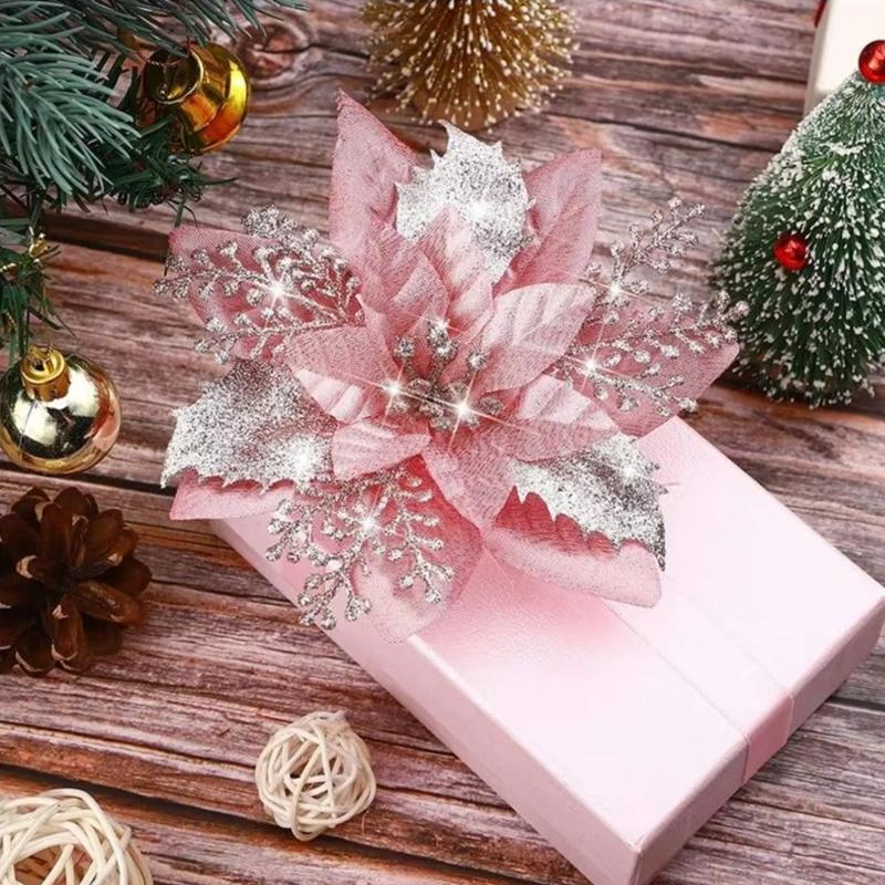 10PCS Poinsettia Christmas Flowers Decoration Artificial Glitter Christmas Tree Ornaments Xmas Party Wreath DIY Garland Decor