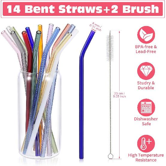 14 Pcs Reble Bent Colorful Glass Straws,9''x8 Mm Shatter Resistant Cute Drinking Straws with 2 Cleaner Brush for Coffee,Juice,Cocktail,Teas,Beverages