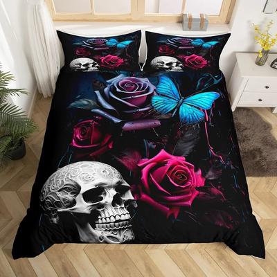 Zuckerschädel Bettbezug Buntes Vintage Blumen Bettwäsche-Set Hippie Mexiko Stil Bettdeckenbezug Gothic Skelett 3-teiliger Bettbezug