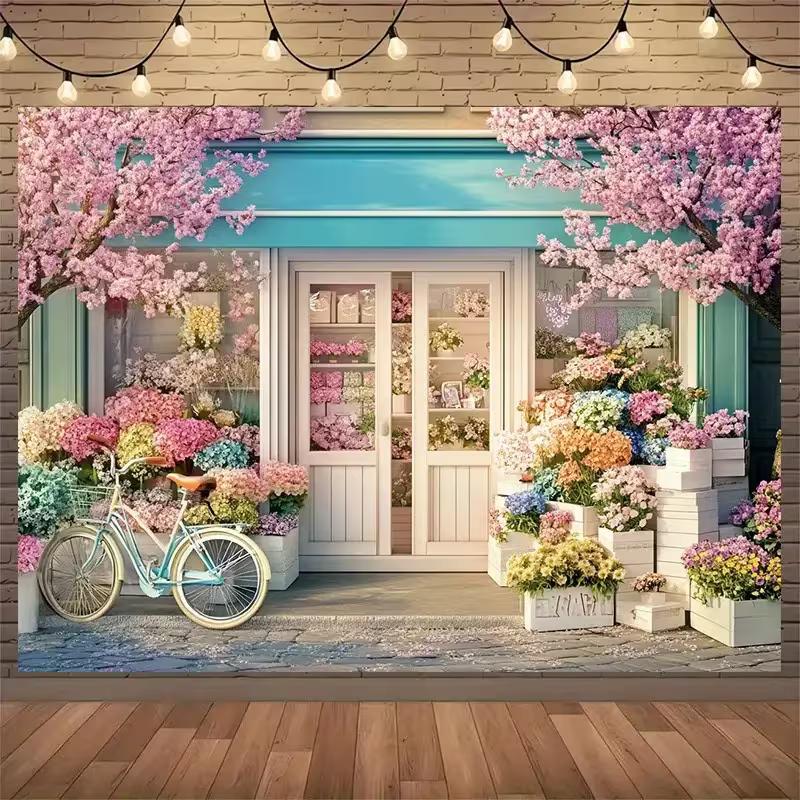 

2D Cute Flower Shop Backdrop, Spring Bicycle Photo Studio Background 47.2x31.5inch/120*80cm