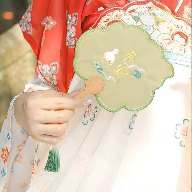 Kids Antique Fan Chinese Style Embroidery Hand-Cranked Dance Performance Koi Lotus Handmade Circular Fan Girl Han Chinese Clothing Accessories