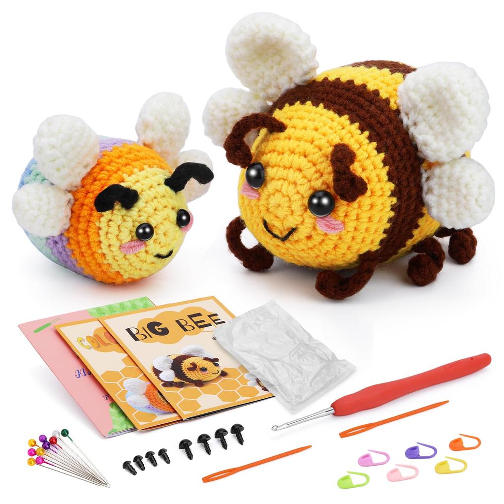 Fenrry Crochet Animal Kit Bee with Hook Yarn Set for Beginners Adults DIY Craft Supplies Step-by-Step Video Tutorials