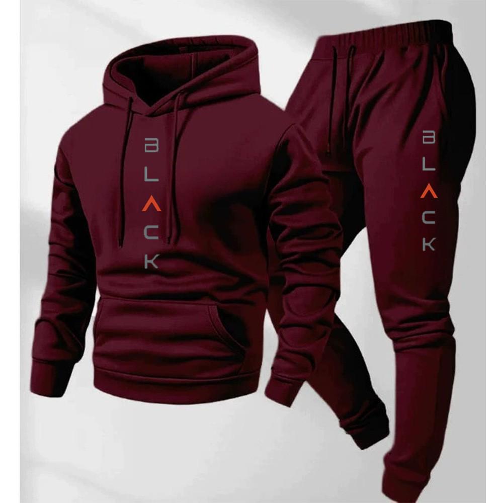 Men's Black Retro Letter Print Two-Piece Jogging Set - Long Sleeve Hoodie & Sweatpants for Winter
