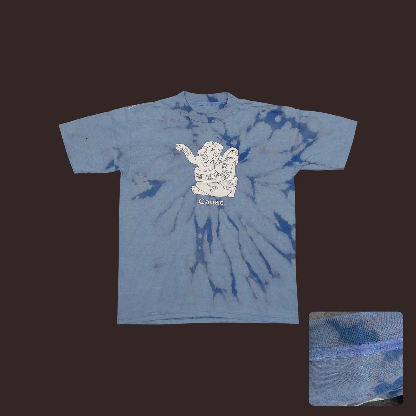

Vintage 90s Mayan Cauac Storm God Art T Shirt Reverse Tie Dye Blue Mens L L