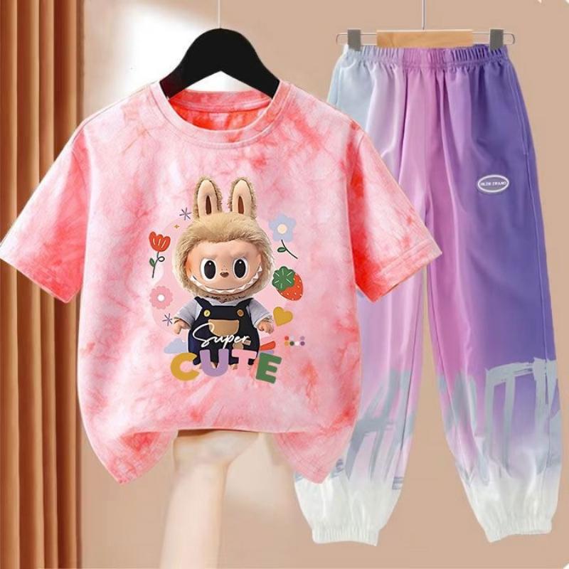 LBB Girls' Dopamine Set Summer Children's Fashionable Short-sleeved T-shirt Ice Silk Set