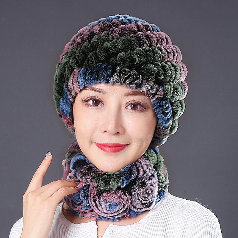 Hat Female Autumn Winter Trendy Versatile Rex Rabbit Hair Cycling Warm Ear Protection Fur Hat Scarf Set