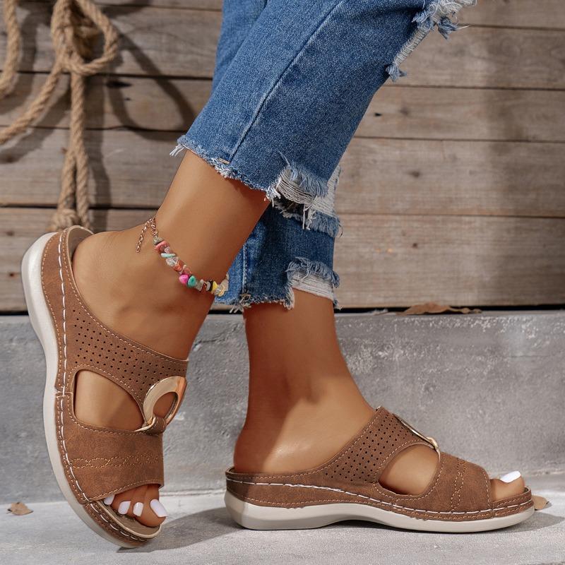 Wedge heel thick bottom hollow slippers women's large size casual one-pedal sewing line metal buckle cool slippers women