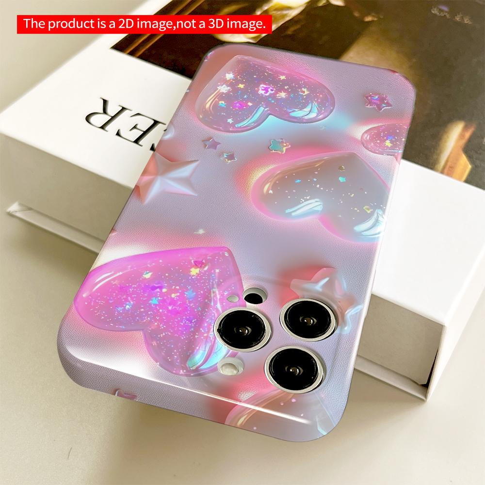 2DFlat Glowing Hearts & Stars Phone Case All Inclusive Film Hard Phone Case, Compatible with iPhone 18 Pro Max 17 16 15 14 13 12 11