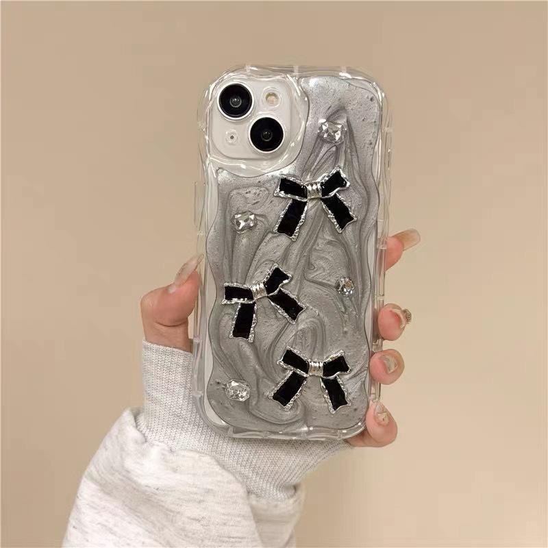 Cream Ins Style Glitter Mobile Phone Case for IPhone17Pro Rhinestone Bow for Apple 16 Anti-fall Female Model 15