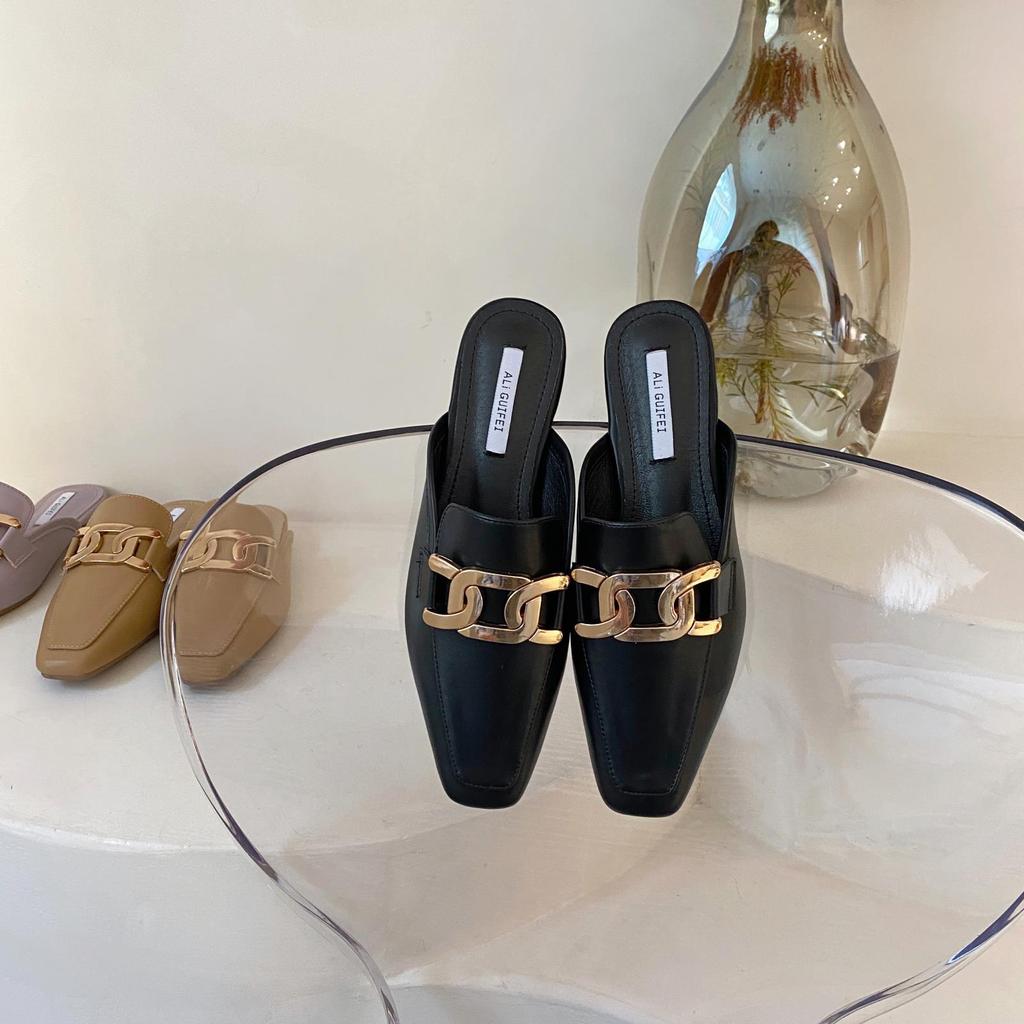 designer metal chains slippers women purple leather gladiator sandalias chains buckle summer slides shoes woman mules