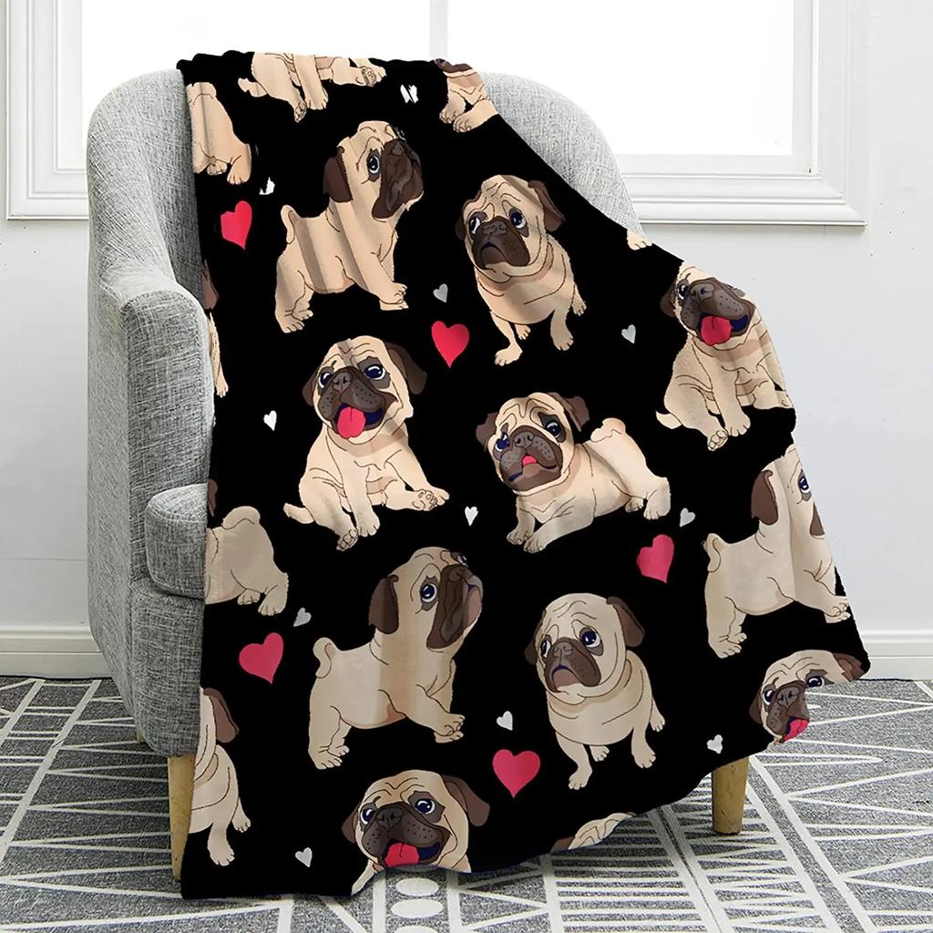 Cute Pet Pug Dog Print Blanket Soft Colorful Flannel Throw Blanket for Sofa Chair Bed Office Travelling Camping Lightweight