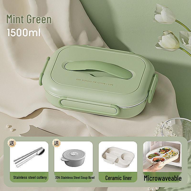 Insulated Ceramic & Stainless Steel Bento Box: Microwave-Friendly Lunch Box for Office & School, Divided for Easy Meal Storage.