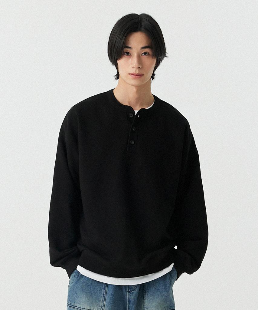 STENDS [M~4Xl] Henley Neck Semi-Oversized Sweatshirt_Black