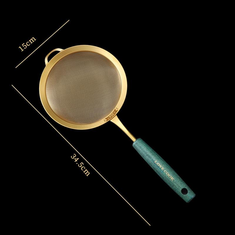 304 Stainless Steel Kitchen Strainer with Green Handle Golden Juice Flour Sieve Fried Food Skimmer Fine Mesh Filter Colander