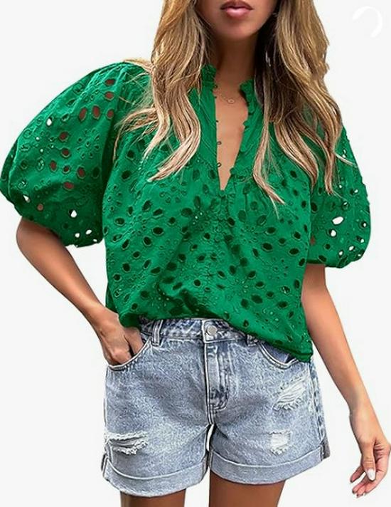 Women's V-Neck Lace Embroidery Lantern Sleeve Summer Top