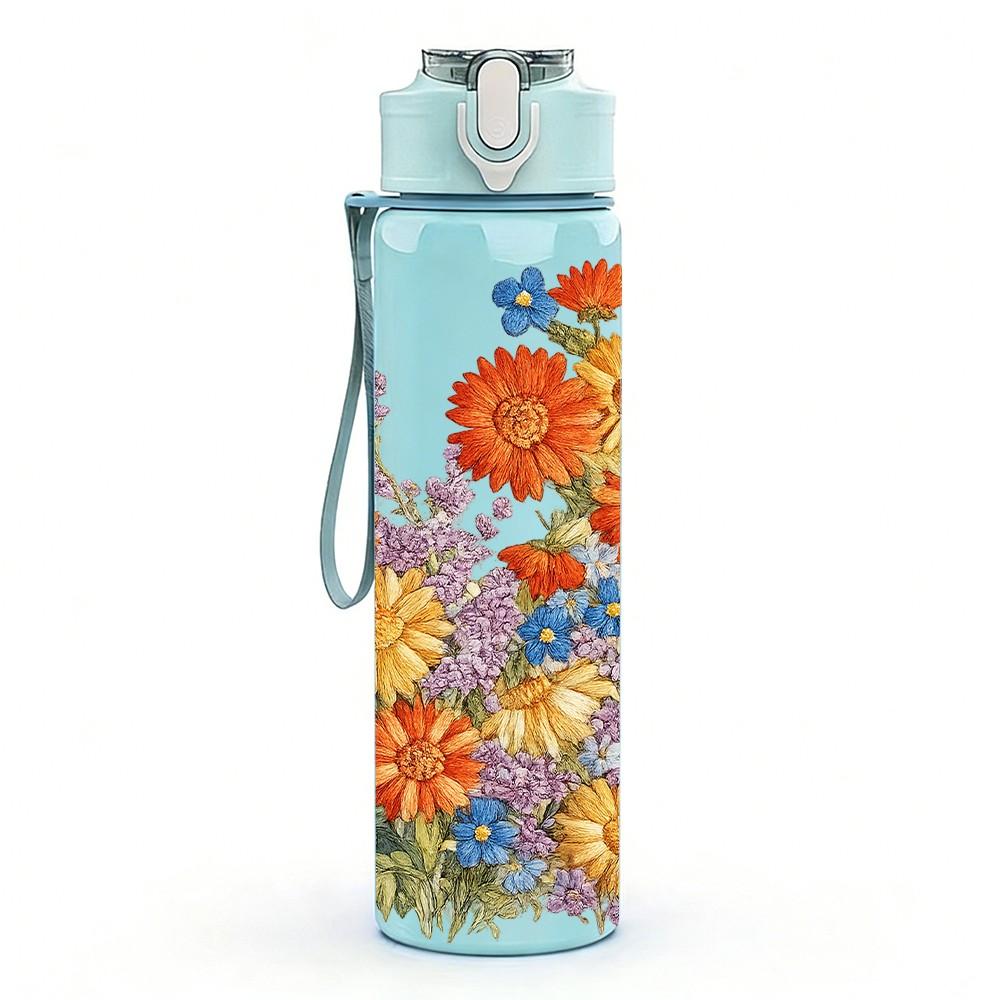 1PC Warm Tone Orange Yellow Flower Print 750ml Color Plastic Sports Water Bottle Leakproof Flip Straw Lid Suitable for Sports Office Home Use