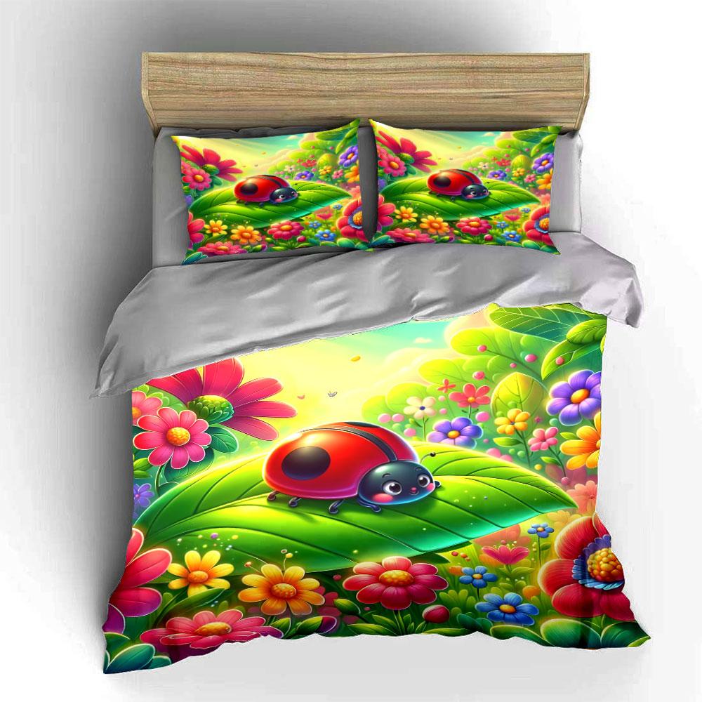 Ladybug On Leaf with Flowers Bedding Duvet Cover Set (1*Duvet Cover 2*Pillowcases, Without Duvet Insert)