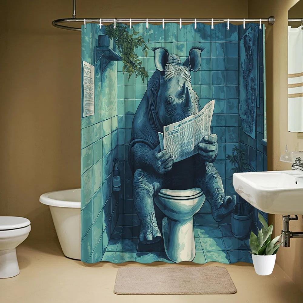 whimsical Rhino bathroom shower curtain-surreal polyester decoration with 12 hooks, 70.8 x 70.8 inch bathroom curtain
