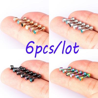 6 peças CZ Pedra Cristal Orelha Anel Cartilagem Tragus Helix Conch Lobe Brinco Piercing Barbell Conjuntos