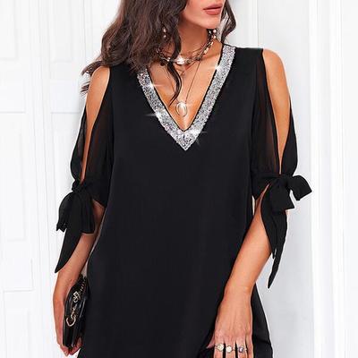 Vestido feminino de chiffon com lantejoulas e decote em V vazado meia manga mini vestido de festa vestido de clube