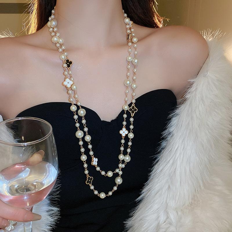 Diamond Water Drop Pearl Beaded Necklace Autumn and Winter French Light Luxury Sweater Chain Fashionable Versatile High-end Jewelry