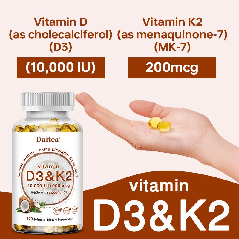 Vitamin D3 10000 IE + Vitamin K2 200 Mcg Nahrungsergänzungsmittel, 120 Weichkapseln pro Flasche