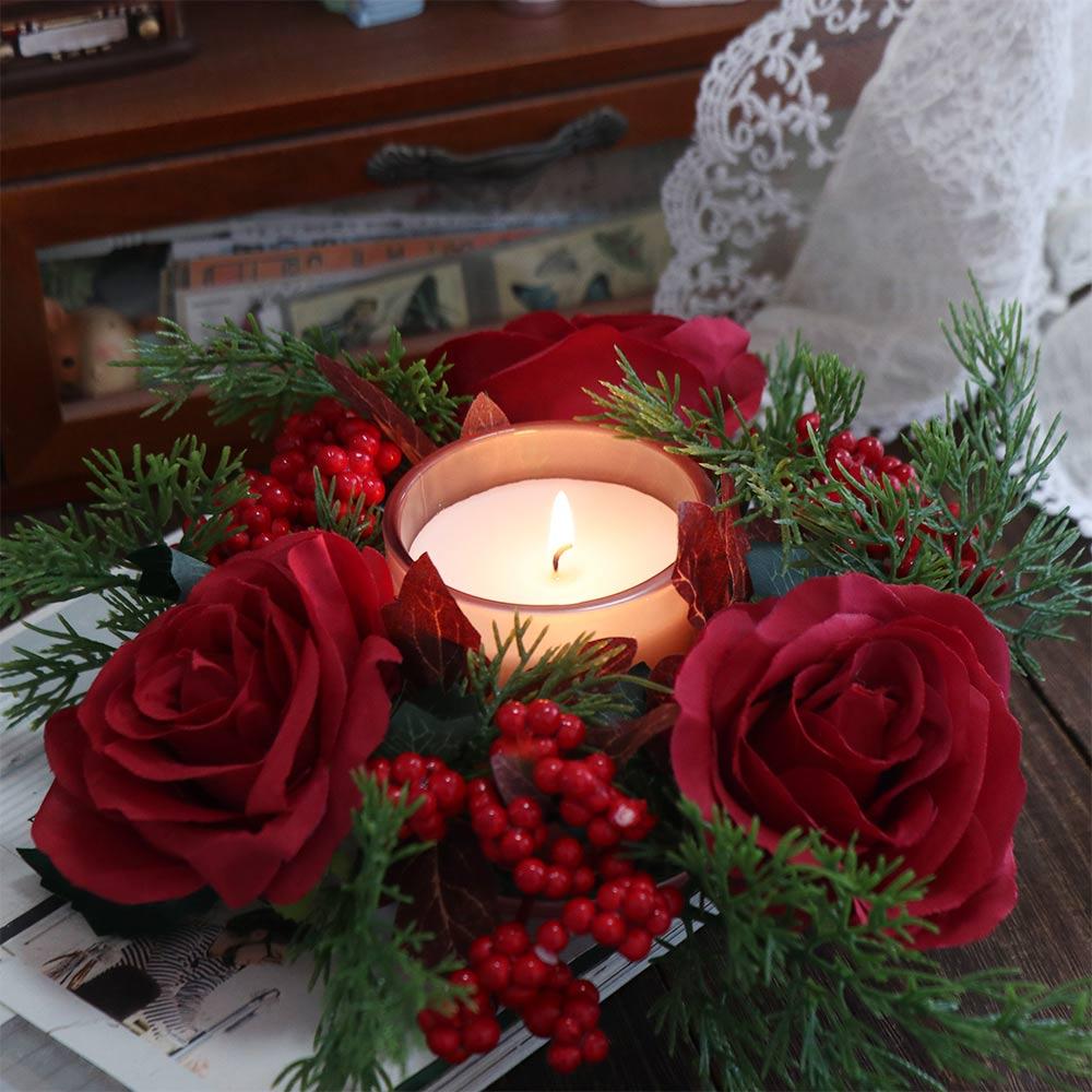 Artificial Flower Christmas Candle Wreath Romantic 30CM Candle Rings Party Supplies Red Rose Candlestick Wreath Christmas Decor