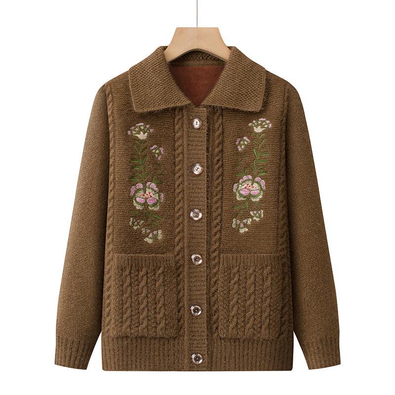 Dicker Strick-Cardigan für ältere Frauen: Oma-Stil, Pullover mit Kragen für Herbst und Winter.