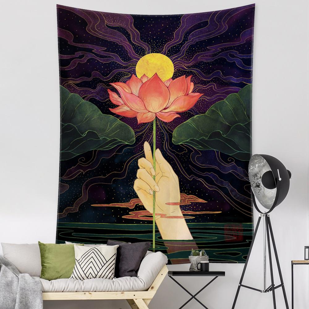 Bergamot Lotus Tapestry Wall Hanging Oil Painting Illustration Bohemian Style Aesthetics Room Home Decor