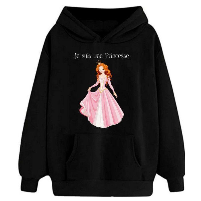 Sweat à capuche - Princesse - Noir - 5/6 ans - Poche kangourou - Élasthanne 1x1
