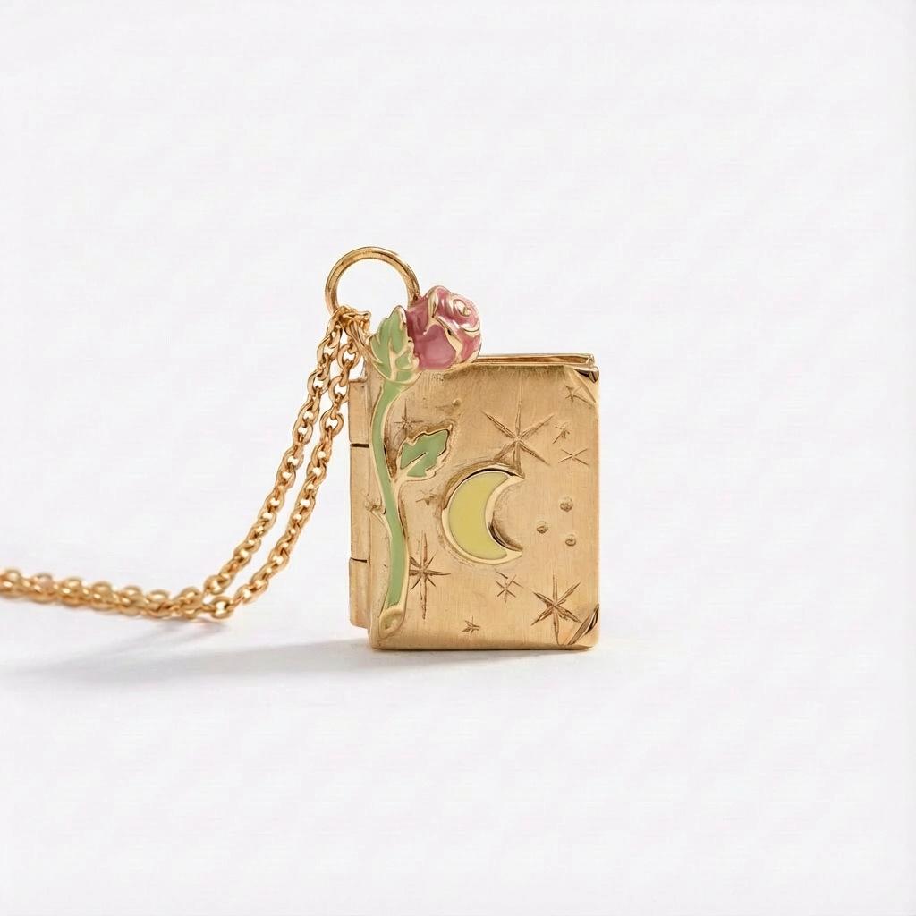 

Gold Silver Star Moon Three-Dimensional Rose Book Necklace Retro Openable Pendant Photo Box