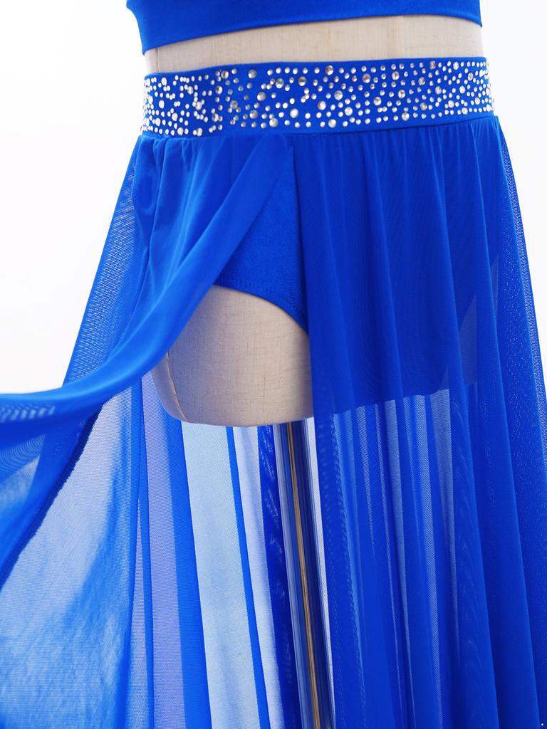 Girls Lyrical Contemporary Modern Dance Skirts Shiny Rhinestones Waistband Side Slit High Low Irregular Mesh Skirt Performance Costume