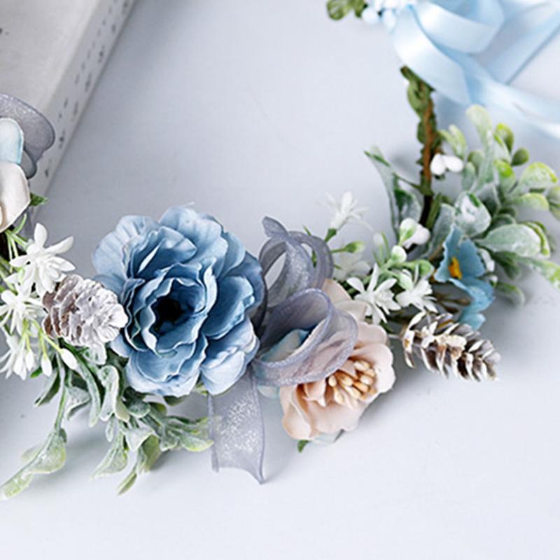 Blue Flower Hair Wreath Headband Crown Garland with Adjustable Ribbon Festivals Wedding Party Headpiece for Women Girl