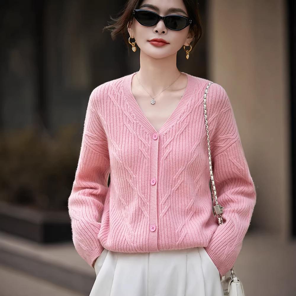 2026 A/W Women's Diamond Pattern Loose Knit Cardigan Sweater