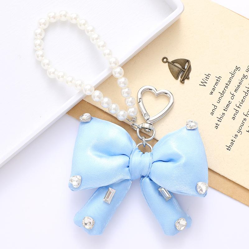 Stock Chic Pearl Beaded Keychain Pendant with a High-end Feel,sparkling Rhinestonesfabric Bow Decorationand Mobile Phone Strap