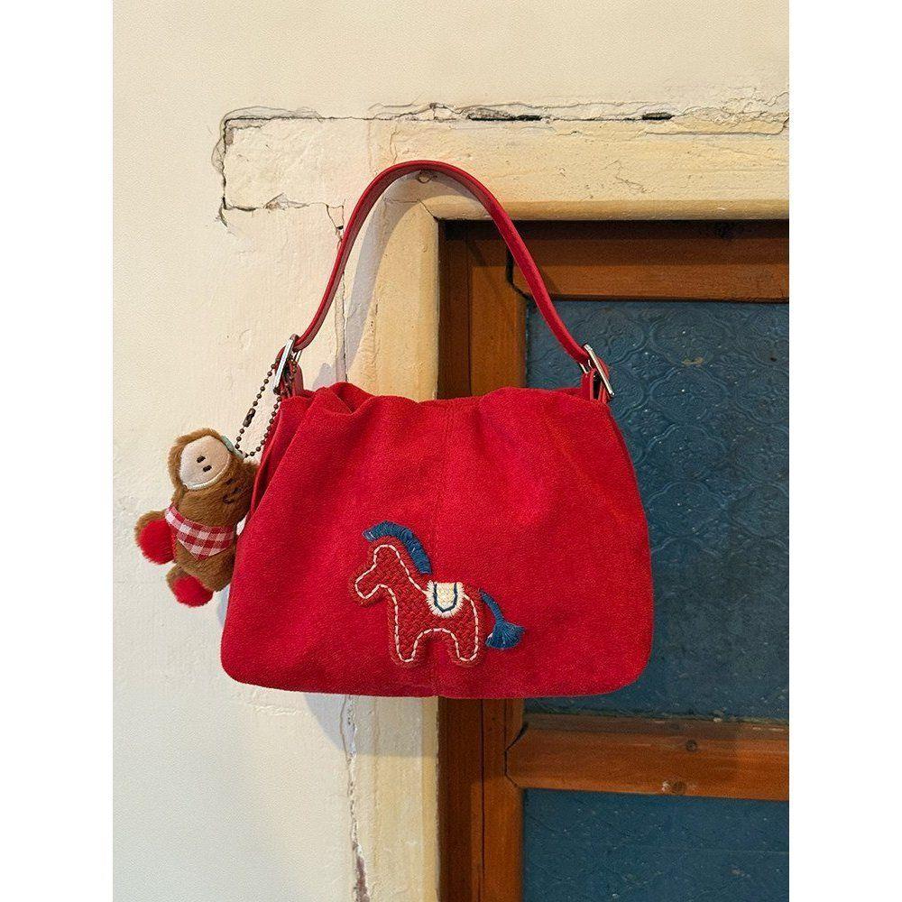 Small Spurs Embroidered Water Bucket Bag - Women's High-Style Commuting Shoulder-Back Sling Bag Handbag