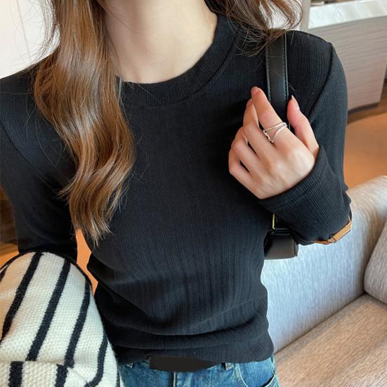 Women Bottom Tops Round Neck Long Sleeve Slim Fit Pullover Tops Solid Color Design Ribbed Texture Tee Shirt
