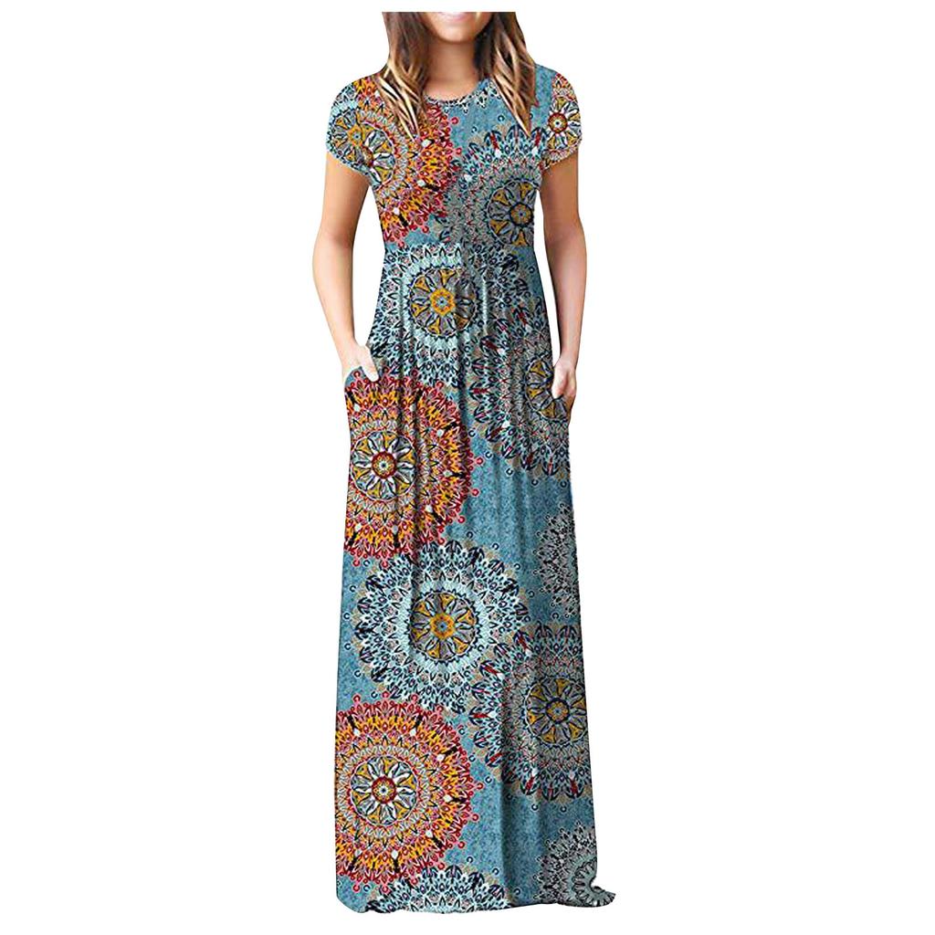 Women Fashion  Gradient Print Short Sleeve Spaghetti Maxi Dress